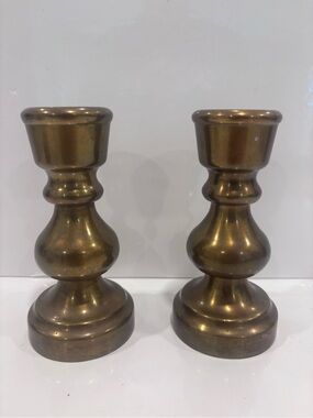 Vintage Pair of solid brass candlestick holders baluster heavy 5.25”